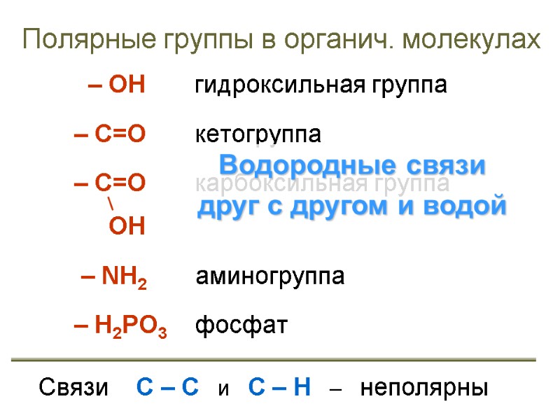 Полярные группы в органич. молекулах   – ОН     